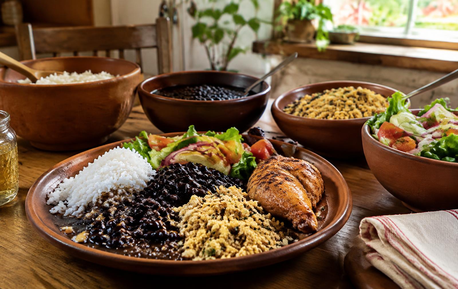 Mesa com arroz, feijão, farofa, frango e salada